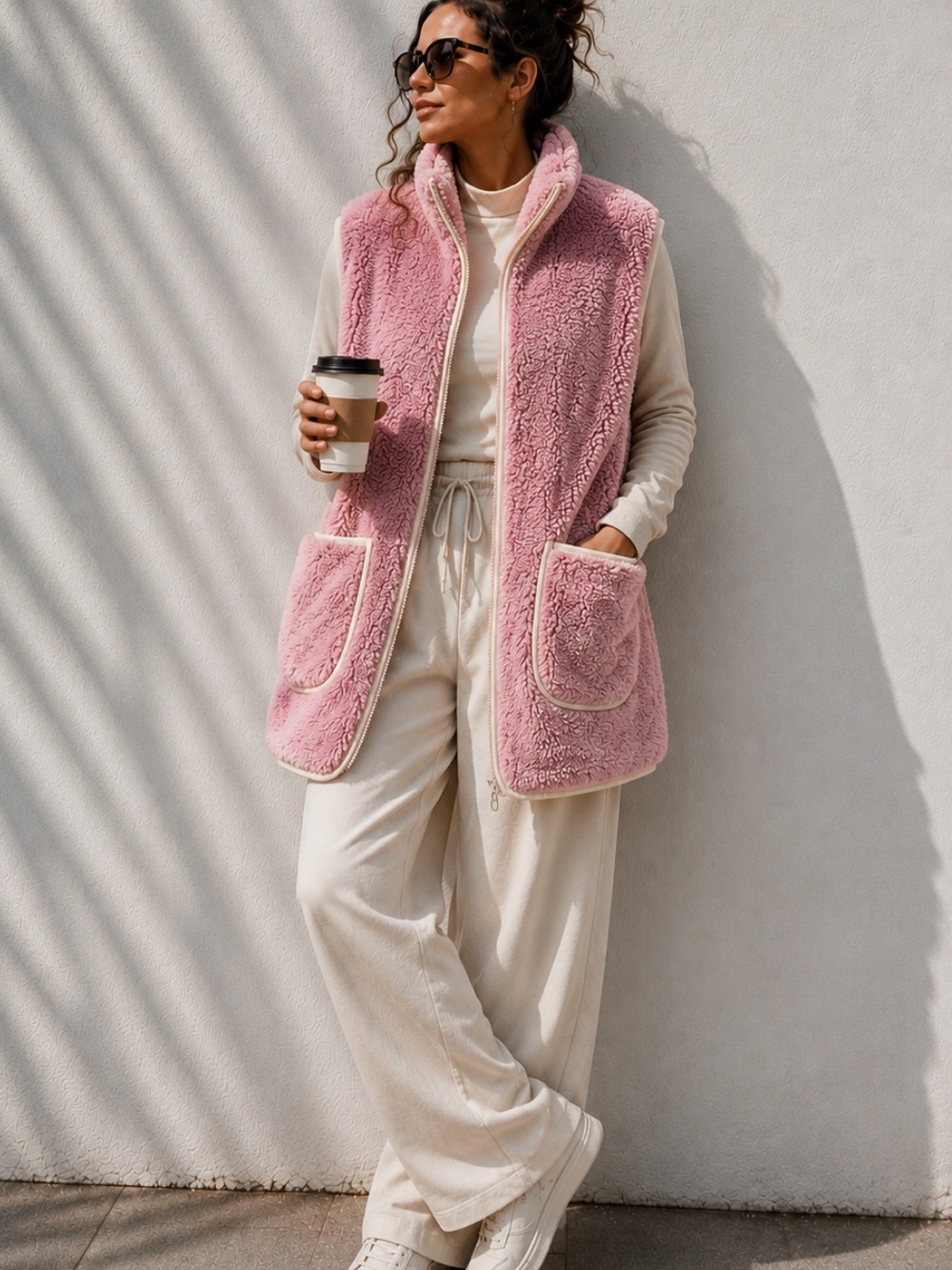 SMASH+TESS Long Teddy Sherpa Vest Pink Oversized Zip L Made in Canada